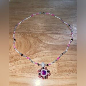 Necklace glass + swarovski beads handmade pendant. Pink, white, purple, silver.